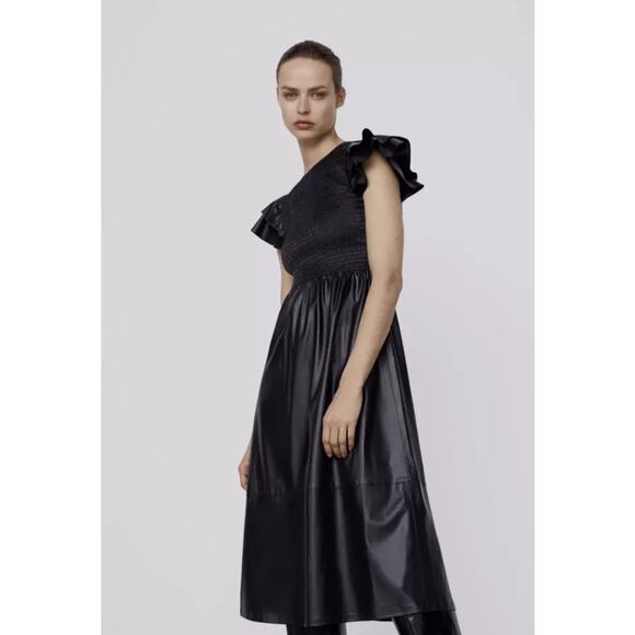 Zara Womens Faux Leather Midi Dress Short Sleeves Smocked Black Small NEW - Picture 1 of 10